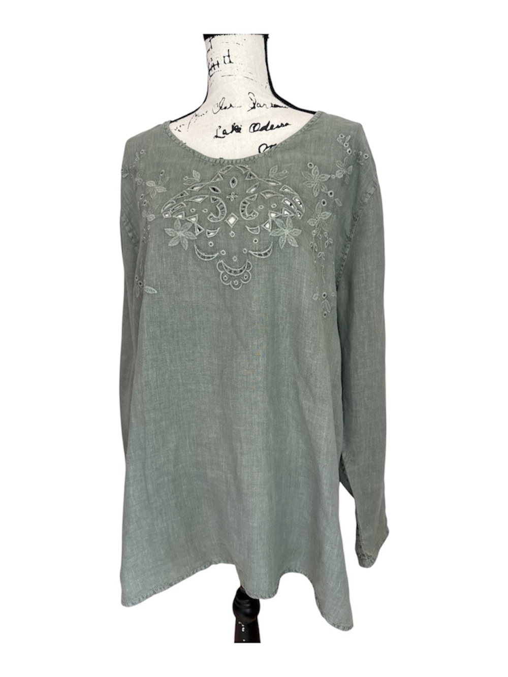 Carbon2Cobalt Sage Green Linen Embroidered Long Sleeve Tunic Top XL Boho Resort